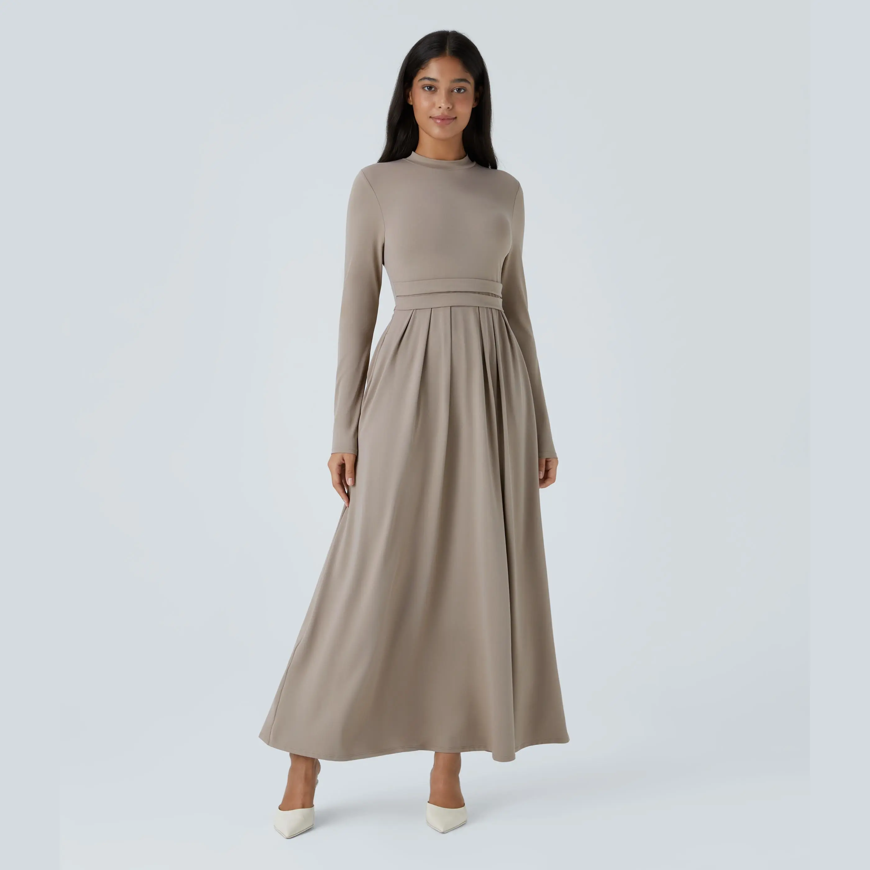 Halara Stand Collar Long Sleeve Side Pocket Flare Maxi Casual Dress