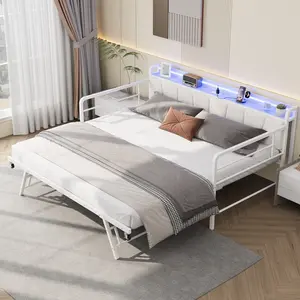 Linen Upholstered Twin Daybed with Pop-up Trundle, Storage Headboard with LED Light and Charging Station, Sturdy Metal Frame, Practical Guest Bed for Bedroom and Living Room
