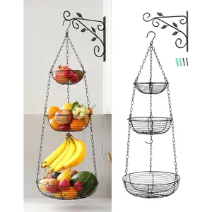 3-Tier Hanging Fruit Basket for Kitchen Counter with Banana Hook, 36-Inch Heavy-Duty Wire Fruit Basket with Leaf-Shaped Bracket for Kitchen Organizing Potato and Vegetable