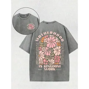 2026 "Motherhood Is Kingdom Work" Christian Graphic Tee |   Double-Sided Print with Proverbs 31:25-27 & Floral Design, 230gsm Vintage Washed Cotton, Loose & Comfortable Street Style Summer Top