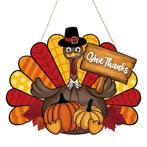 Thanksgiving Decoration Wooden Turkey Pumpkin Door Wreath for Front Door Sign Wall Signs, Thankful Blessed Grateful Pumpkin Sign Hanging for Fall Autumn Harvest Home Halloween Decoration
