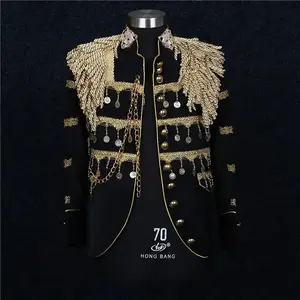Men's domineering dropped-waist court-style suit with hanging tassels, presidential military uniform costume for plays Menswear Clothes Leather Navy Belt Burgundy Classic Drape Embroidered Fabric Garment Long Loose Metallic Satin White