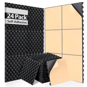 SODOCT 24 Pack Self-Adhesive 12" X 12" X 1.2" Egg Crate Soundproof Wall Panels for Studio, Room Acoustic Treatment Foam, Sound Absorbing Foam Black