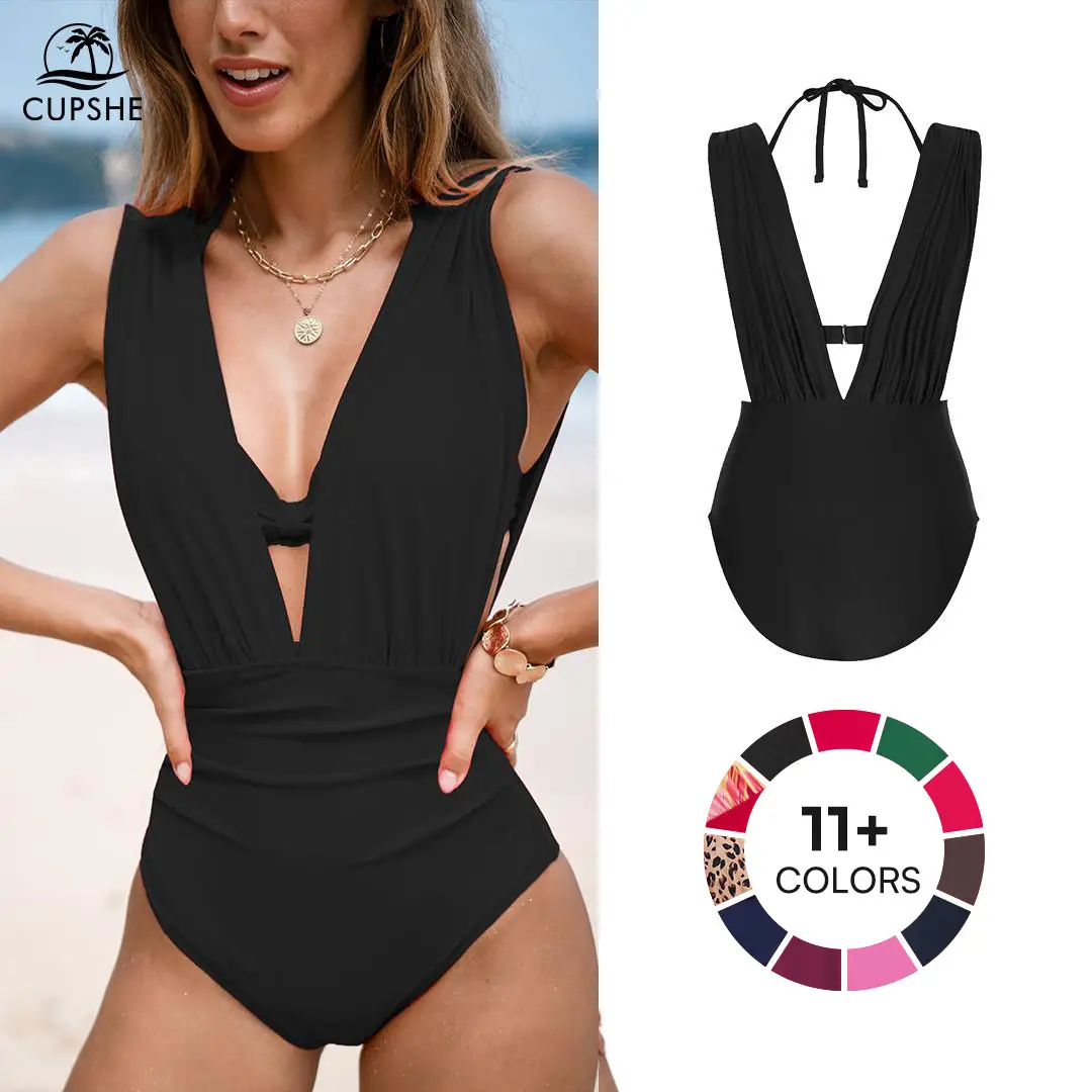 CUPSHE Women's Underwire Tummy Control One Piece Swimsuit Casual Beachwear Deep V Neck High Bust Support Summer Beach Trendy Swimwear Bathing Suits