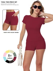 Women's Two-Piece Set, Simple Solid Color High-End Short Sleeve Top and Shorts, Quick-Dry Breathable Fabric, Yoga Fitness Running Outdoor Activities, Activewear