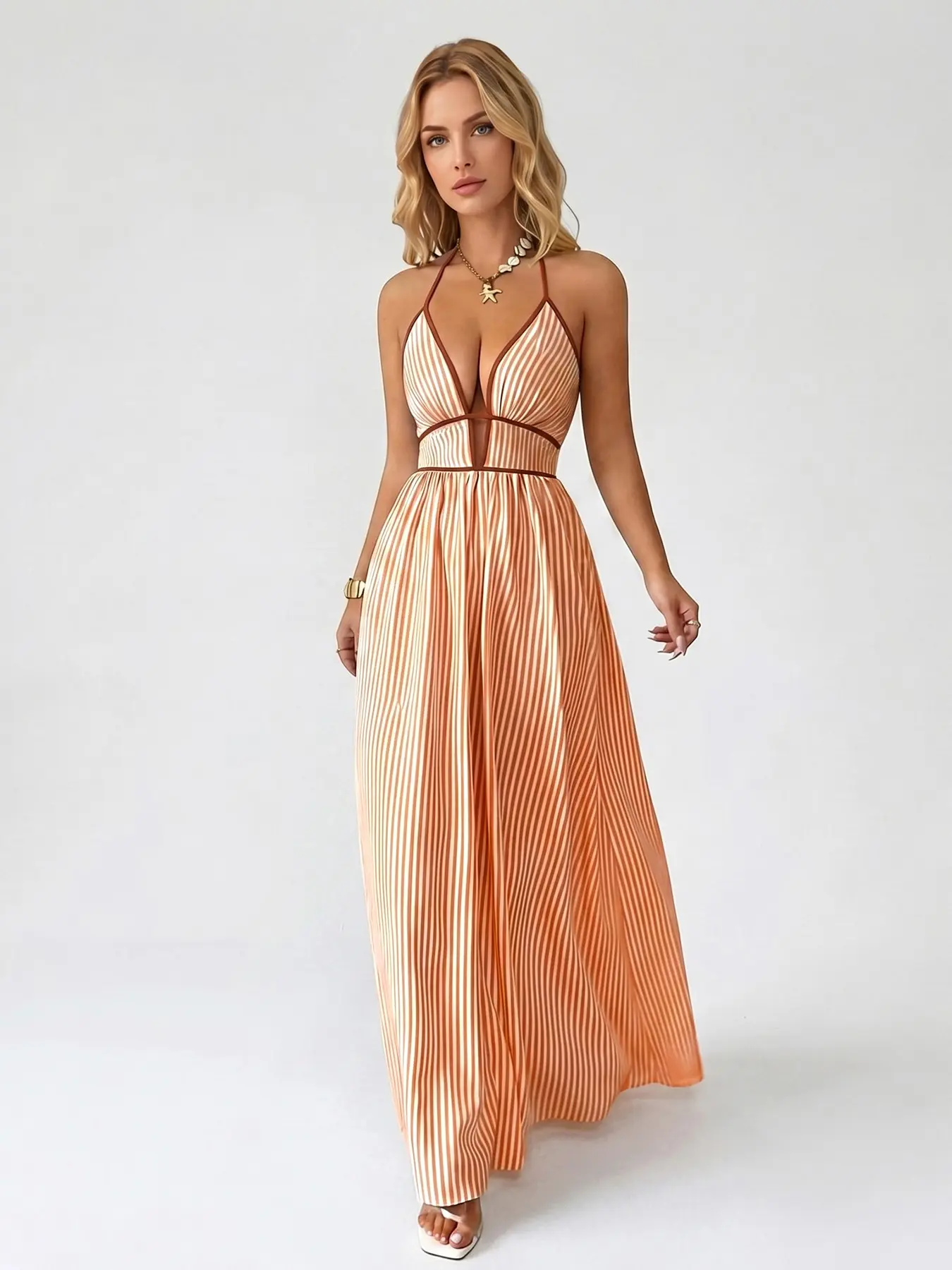 Women's Elegant Bohemian Pinstripe Striped Deep V Neckline Adjustable Halter Maxi Dress, Summer Lightweight Dresses for Beach Holiday, Comfort Women's Clothing, Casual Wear, Casual Bohemian Sleeveless