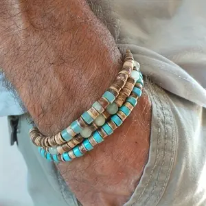 5pcs Easy Turquoise Wood Bead Bracelet for Men, Trendy And Fashionable, High-End Coconut Shell Bead Bracelet for Men