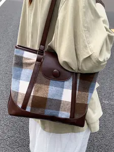 2026 New Vintage Plaid Wool Leather Patchwork Tot Bag, Large Capacity Commuter Backpack, Versatile Shoulder Bag, Fashionable Women's Bag