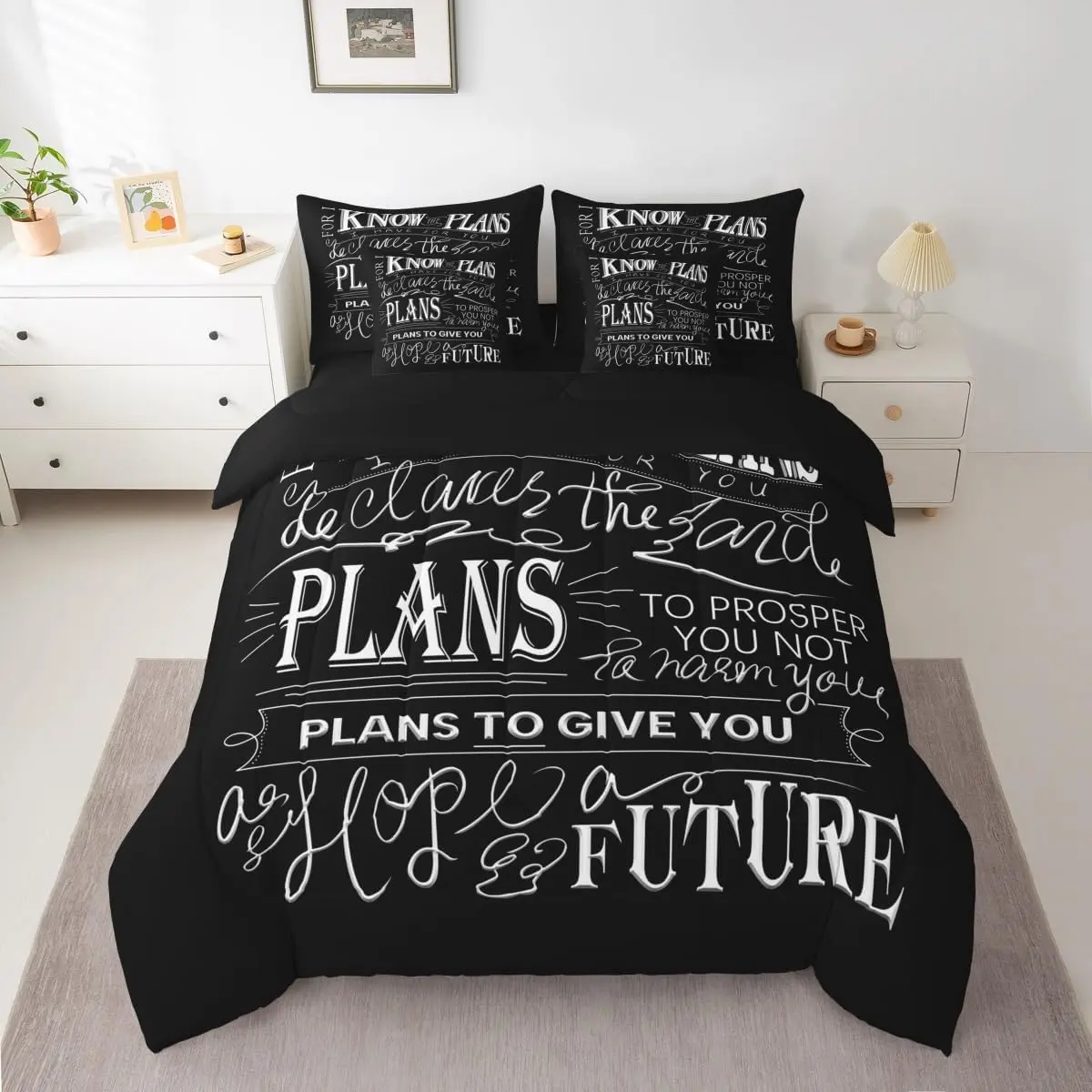Vintage Bible Verse Comforter Set with Sheets,7 Piece Christian Bible Verse Jeremiah Bedding Set,Bedroom Decor Modern Bed in a Bag,Black Bed Set