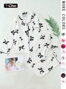 Coquette Aesthetic Bow Print Pajama Set | Chic French Style Casual Button Down Long Sleeves PJs | Soft 2-Piece Fitted Loungewear Outfit for Women | Trendy Ribbon Sleepwear，Butter Soft Loungewear for Year-Round Wear，Perfect Bridal Party & Gift PJ Set