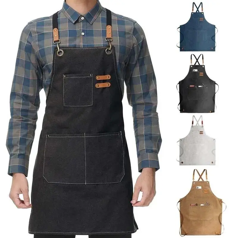 Unisex Oil-Resistant Waterproof Canvas Household Apron - Hand-Wipe Design, Multi-Pocket Tool Apron for Home Cooking, Coffee Shop Use, Apron With Pockets