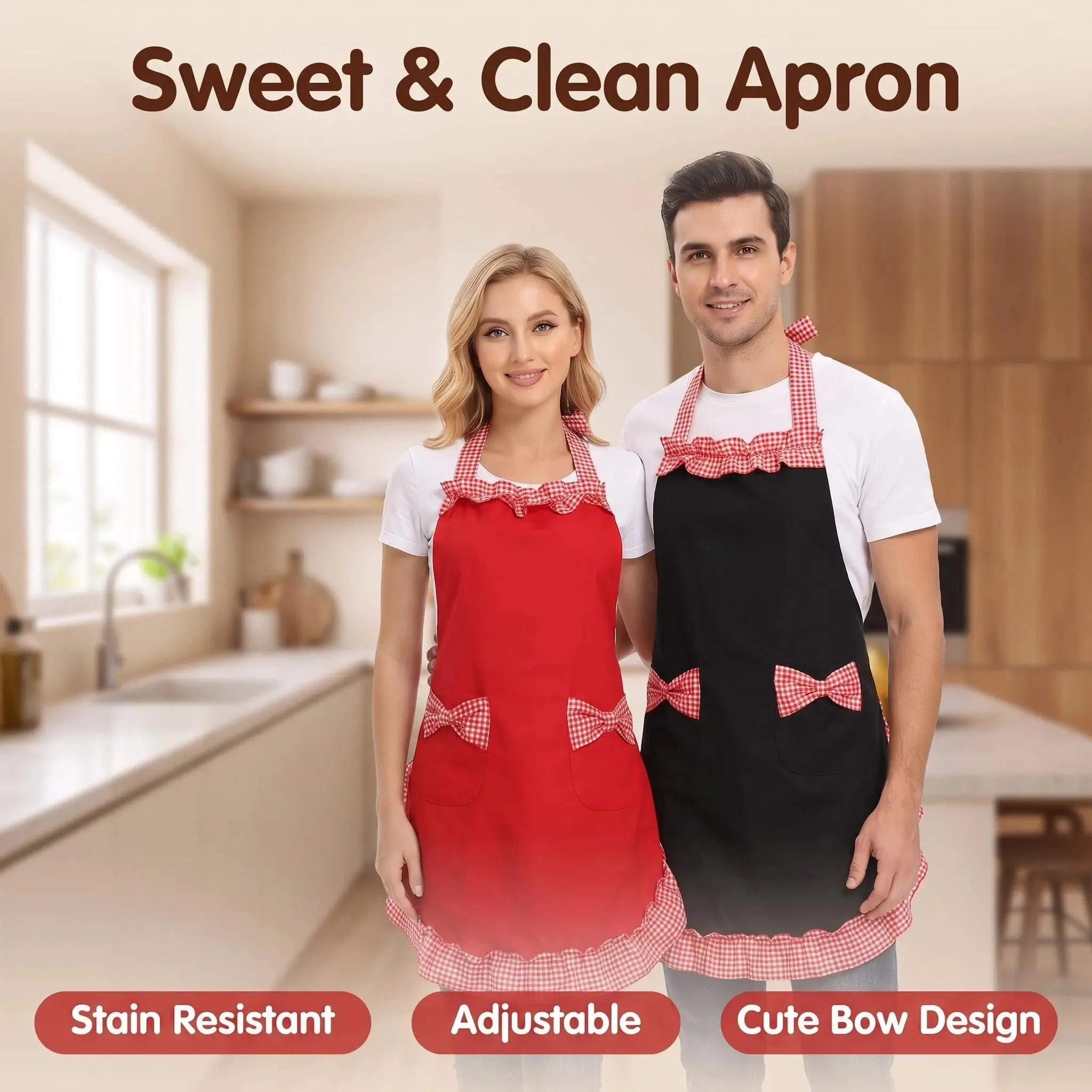 Vintage-Style Adjustable Apron with Red & White Checkered Bow Pocket, Durable Polyester, Perfect for Cooking, Baking & Easter Kitchen Wear, Baking Attire | Vintage Apron | Durable Apron