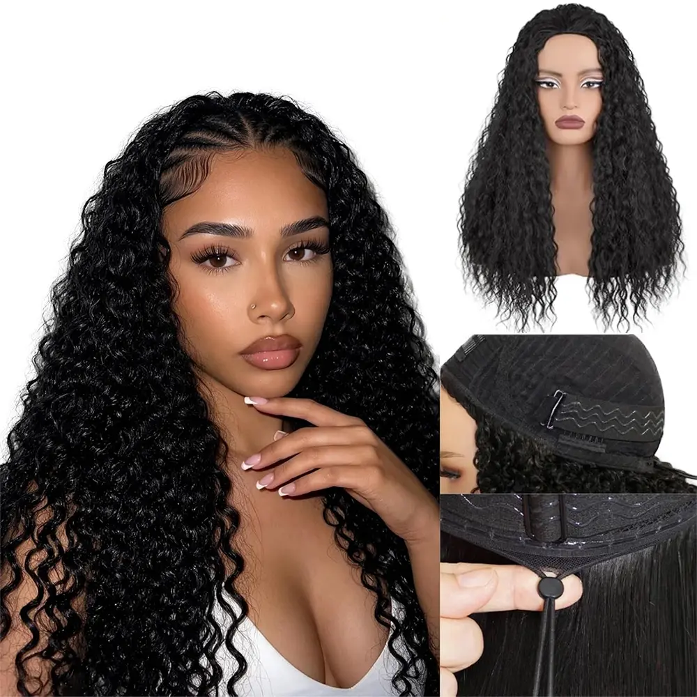 FASUO HAIR  Curly 3 In 1 Half Wig Glueless Human Hair Summer Vibe Beach Curls,Elastic Drawstring, Natural Blend, Wear Go Wig, Flip Over, Beginner Friendly