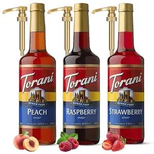 Torani Sugar-Free Syrup Trio - Peach, Strawberry & Raspberry with 3 Jimoco Pump Dispensers- Coffee & Italian Soda Flavoring for Drinks Three 25.4 Oz Bottles