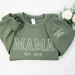 Custom Embroidered Mama Sweatshirt with Date and Kids Names on Sleeve, EST Year Embroidered, Personalized Gift for Mom, Cozy Crewneck for Her