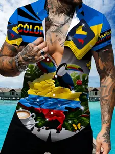 Colombia Theme Print Short Sleeve Shirt, Men's Casual Vacation Style Painted Top, Multi-Color Pattern Design, Indian Style Fashion Item