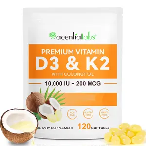 Acentiallabs Premium Vitamin D3 10,000 IU & K2 MK-7 200 mcg 120 Softgels Virgin Coconut Oil Non-GMO GMO-Free Easy to Swallow