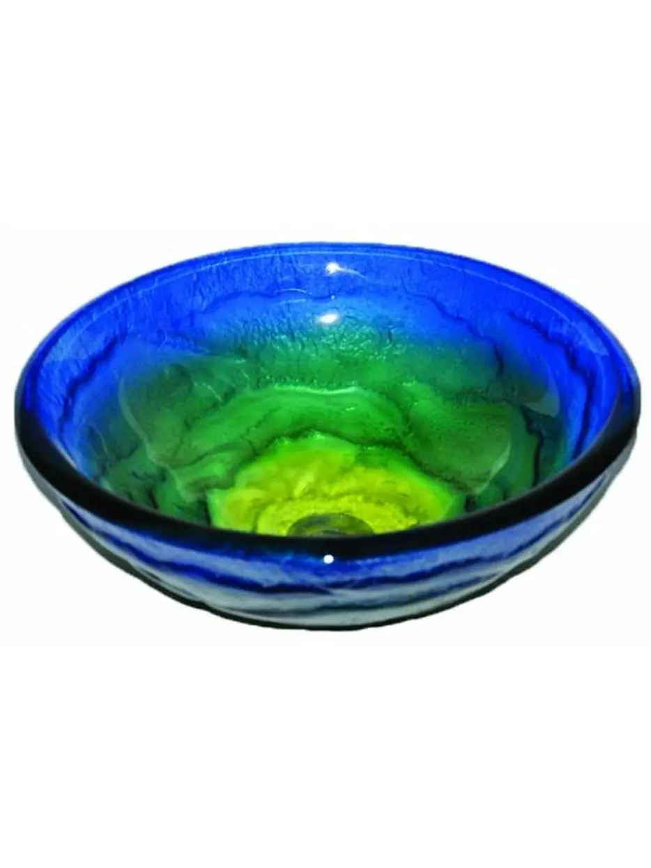 MARE Swirled Pattern Tempered Glass Vessel Bath Sink - Blue, Yellow and Green, 16.5x5.75 In, 1.75 In Drain Opening, Durable Forgiving Above-Counter Design