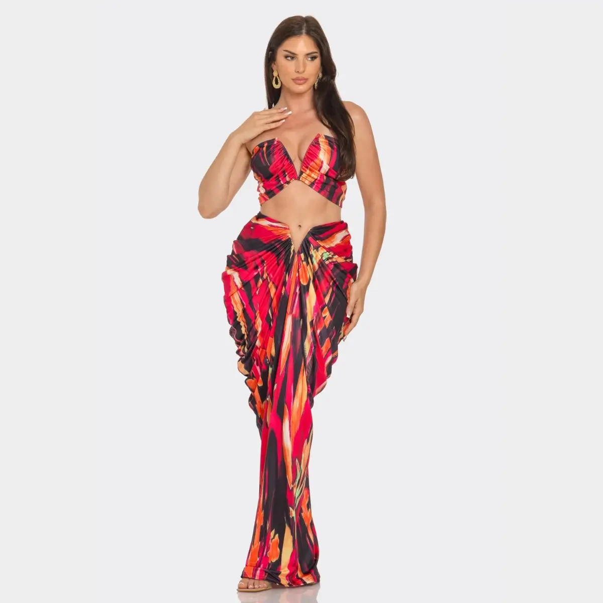 2 PCS Underwire Bra Printed Maxi Skirt Set womenswear