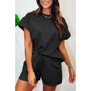 Black 2Pcs Solid Textured Drawstring Shorts Set Fabric Polyester Comfort Simple white  fox  set skirt two piece set matching sets