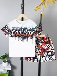 Ready Stock Big Boys Summer Clothes Color Graffiti Print Casual Fashion Matching T-shirt & Elastic Full Print Shorts 2Pcs Outfits Sizes 7-15 42404083