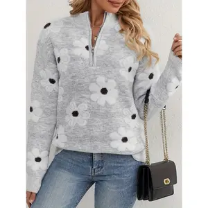 Floral Pattern Mock Zipper Neck Knitted Sweater, Casual Long Sleeve Pullover Sweater For Fall & Winter, Women's Clothing