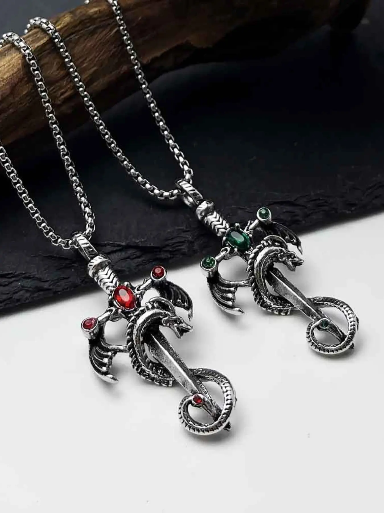 1 piece Vintage imitation gemstone dragon sword pendant necklace accessories stainless steel chain party birthday gift amulet