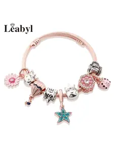 Classic Rose Gold Daisy Star Balloon Ladybug Charm Pendant Stainless Steel Bracelet, Cute Castle Crown Little Princess Prince Beaded Bangle Jewelry Gift