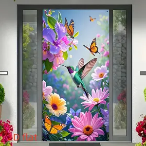 2D Flat Banner Party Banners, Decorative Banner, Hummingbird Floral Door Curtain, 35.4x70.8 Inches, Polyester Material, Multi-Functional Hanging Decor