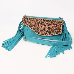 American Darling Hand Tooled Floral Carved Vegetable-Tanned Genuine Leather Small Cross body Bag with Fringes & YKK Zipper