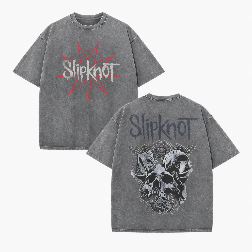 Unisex Vintage Acid Washed Slipknot Band Portrait Graphic 100 Percent Cotton Short Sleeve T Shirt Dark Y2K Punk Streetwear Top Suitable for Daily Errands Road Trip Gym Training Ideal Daily Outfit and Holiday Gift Apparel for Rock Music Enthusiasts