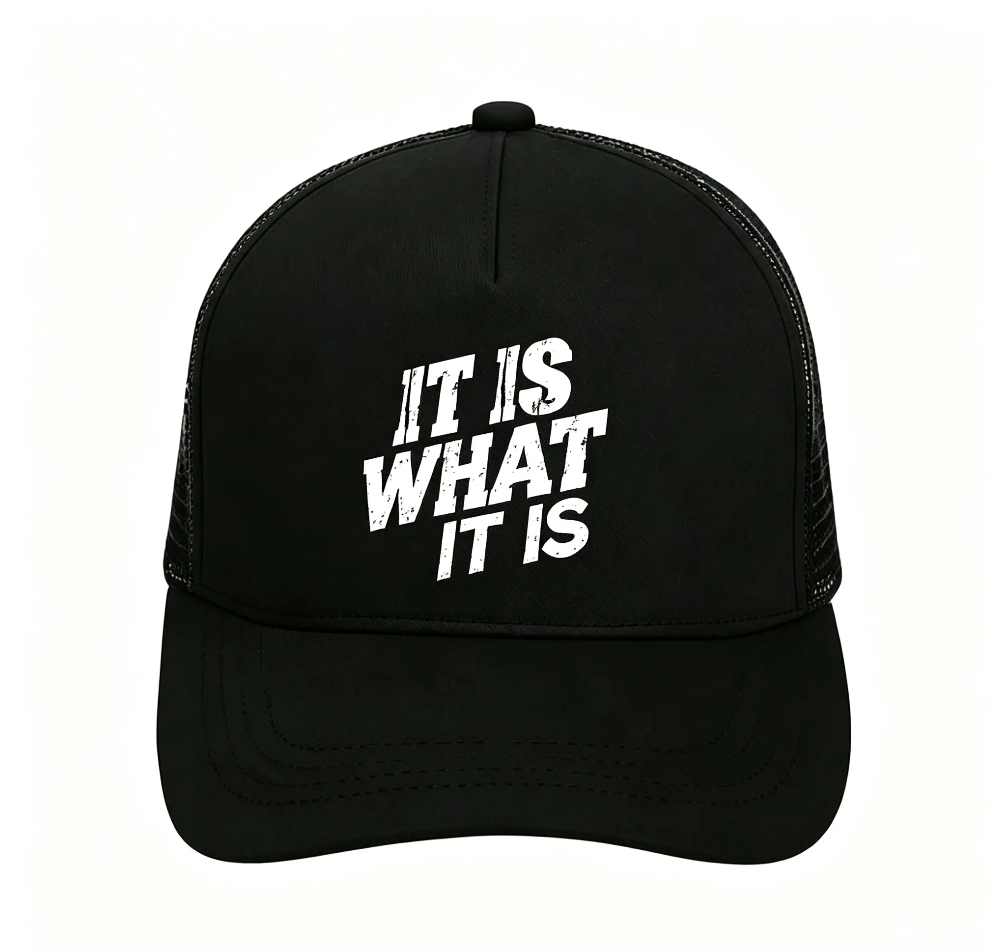 "It Is What It Is" Distressed Text Trucker Hat, Sarcastic Attitude Mesh Back Cap, Adjustable Snapback Casual Baseball Cap for Men & Women, Funny Streetwear Statement Headwear
