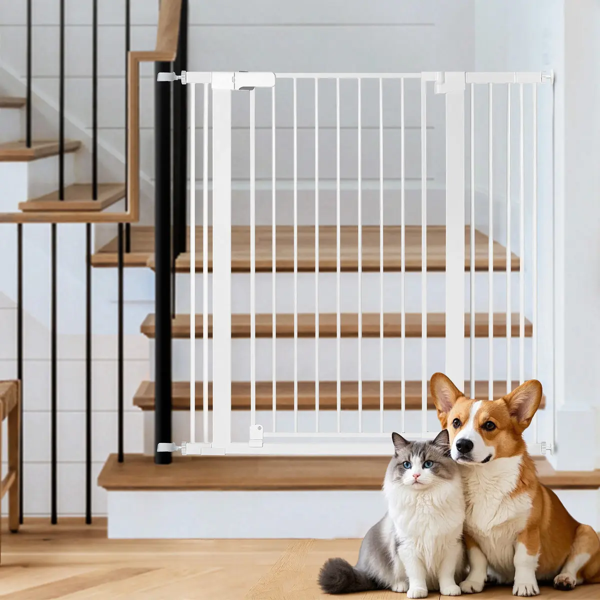 PAWGIANT 42" Tall Safety Pet Gate - Pressure-Mounted System, 29.5"-43.3" Wide, Automatic Close, Double Safety Lock, 100lb Capacity, 1-Hand Op. Button Entry, Sturdy Walk Through, Child Safe, Doorway/Stair Ready, White