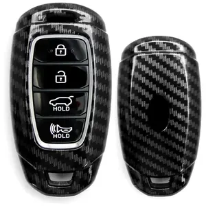 iJDMTOY Black Carbon Fiber Pattern Hard Shell Key Fob Cover Case, For 2018/2019-up Hyundai Kona Veloster Elantra GT Santa Fe Palisade 4-Button Smart Key Fob
