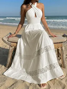 Halter Backless Lace Tiered Maxi Dress for Women, Boho Flowy White Long Gown, Cutout Sleeveless High Waist Beach Vacation Outfit, Lace Spliced Tiered Skirt for Resort, Travel, Wedding Guest #springsaledeals2026 #summeroutfits #tiktokshopmademebuyit