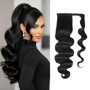 Wave Ponytail Human Hair for Black Women  Brazilian Virgin Human Hair Ponytail with  Wrap Around  Black Color( 18 Inch )