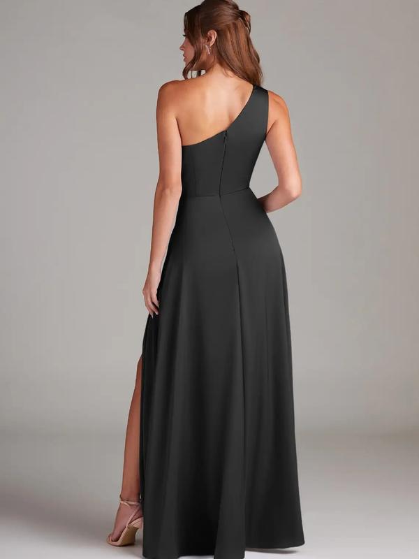 Azazie Brooke One Shoulder Pleated Knot Slit A-line Bridesmaid Wedding Ceremony Stretch Satin Dress