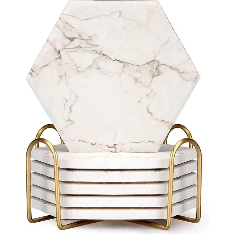 6 Pack Cute Marble Absorbent Stone Coaster Set with Holder Cool Cork Coster Modern White Ceramic Coasters Bar Desk Cup Drink Coasters Funny Coffee Table Decor Kitchen  Coster posavasos