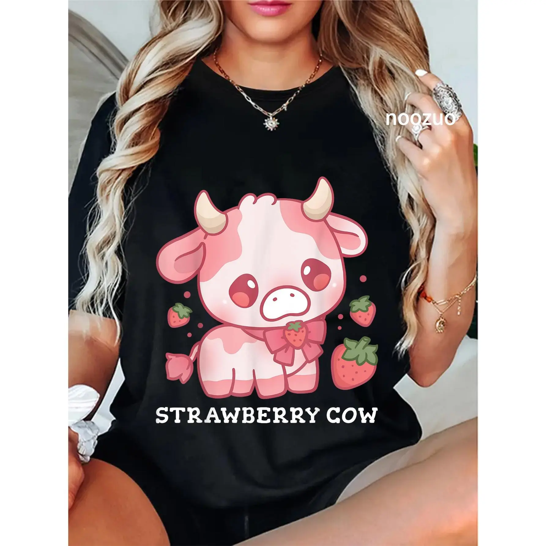 100% Cotton Strawberry Cow Kawaii Anime Strawberry Milk for Girls Women T-Shirt