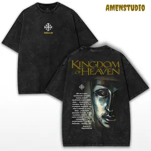 King Baldwin IV Oversized Washed T-Shirt: Kingdom of Heaven Silver Mask and Jerusalem Cross Graphic for Heavyweight Streetwear Style