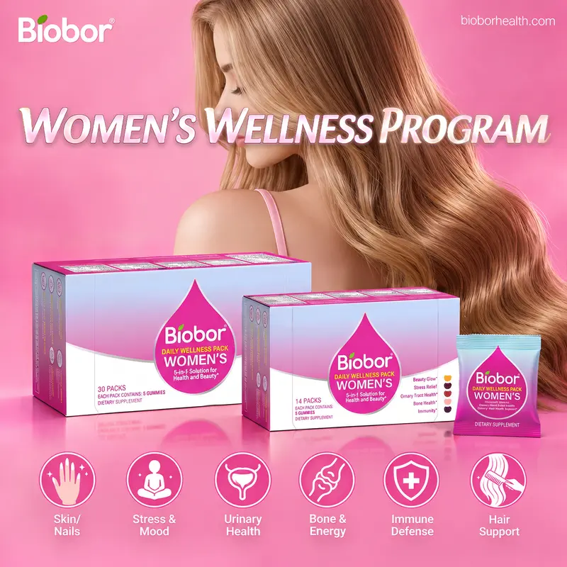 Biobor Women’s 5-in-1 Chewable Daily Nutrition Gummies Pack (30+ Women, 14-Day Supply) with Biotin, Collagen, Magnesium, Ashwagandha, Cranberry, Vitamin C, D3-K2 - Skin, Mood, Immune, Bone Support (Raspberry Flavor)