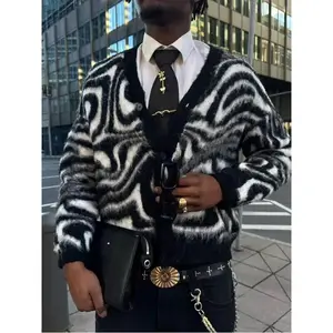 Casual Loose V-Neck Button Cardigan, Zebra Print, High Street Style Unisex Top, Suitable For Spring, Autumn & Winter