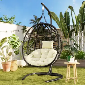 Hanging Egg Chair Indoor Outdoor, Single Person Folding Egg Chair with Stand, Wicker Hammock Swing Chair with Adjustable Anti-Slip Feet,Suitable for Balcony, Bedroom,Garden