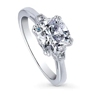BERRICLE Sterling Silver 3-Stone Wedding Engagement Rings for Women, 3 Carat Cushion Cut Cubic Zirconia CZ Ring
