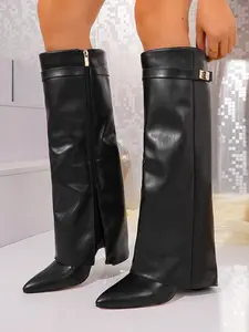 Women's Leather Foldover Shark Classic Buckle High Top Boots,Elegant Boots,Fashionable Design for Trendy Women,Durable Comfortable Shoes