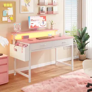 39.4"D Computer Desk With LED Strip Lights & Ergonomic Monitor Stand 2 Fabric Drawers & Side Pocket Home Office Desk For Studying,Working & Gaming