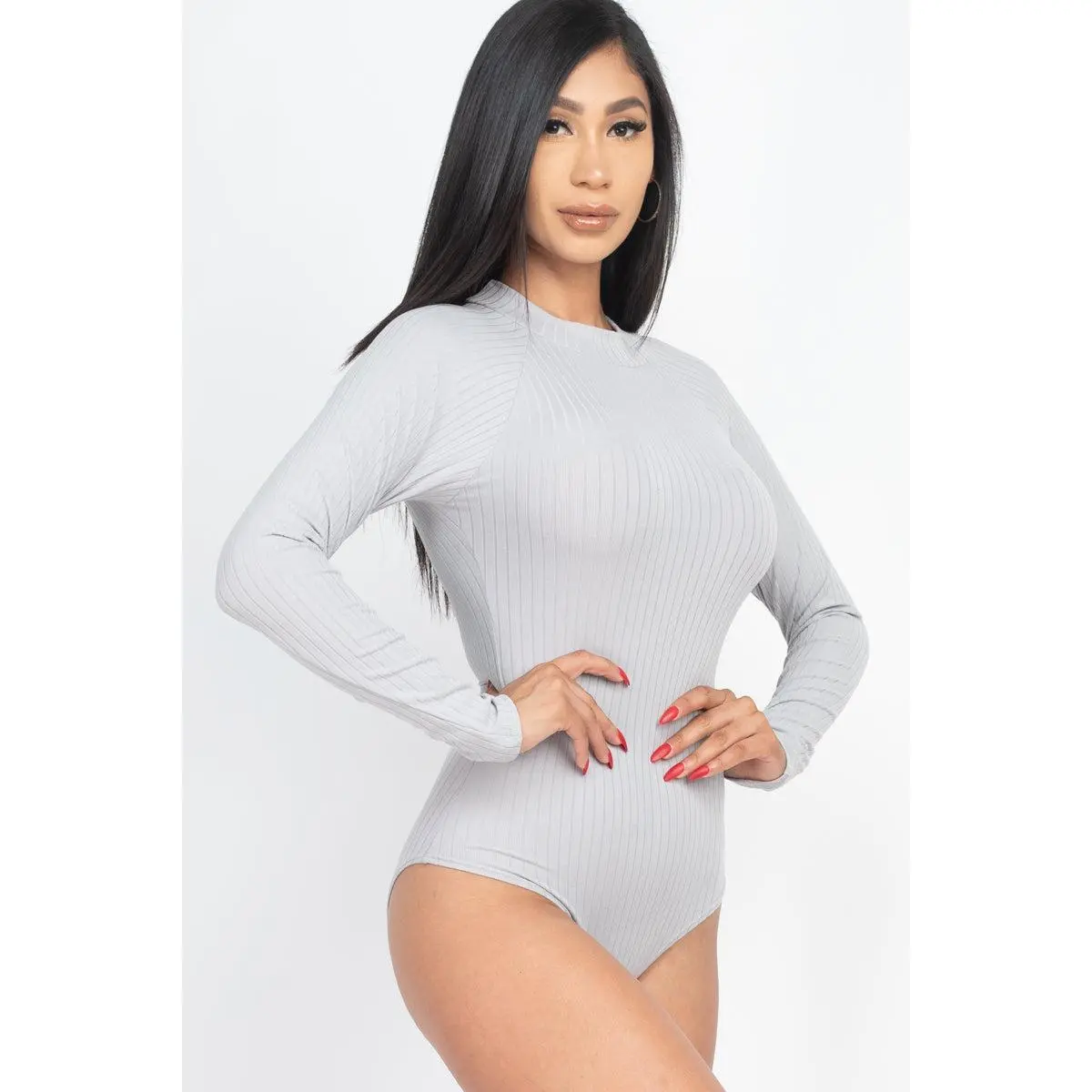 Luxe Mock Neck Ribbed Bodysuit - Grey