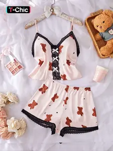 Women's Bow Decor Contrast Lace Spaghetti Strap Cami Top & Elastic Waist Shorts Pyjama, Casual Comfortable Pajama Set for Women, Women's Sleepwear for All Seasons