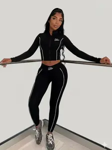 Semi Sheer Striped Zip Up Cropped Fitting Casual Sweater and Legging Set Top Womenswear