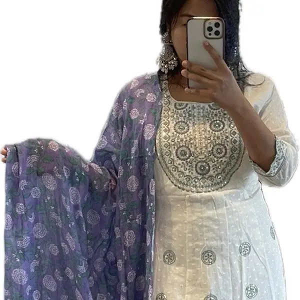 Women's Traditional Anarkali Kurta Set with Shalwar and Dupatta, Long Jaipuri Embroidered Pure Cotton Ethnic Wear, Lady, Clothes, 42 Inch Bust, Threadwork